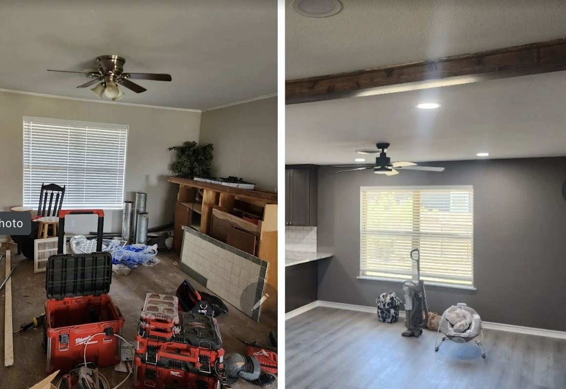 Living room renovation before and after by Roe Construction